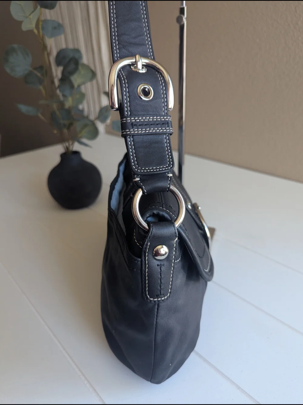 Coach Black Leather Shoulder Bag with Buckle Accent